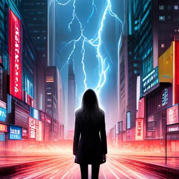 Digital painting of a dystopian cityscape with a silhouette of a female business figure in the background.